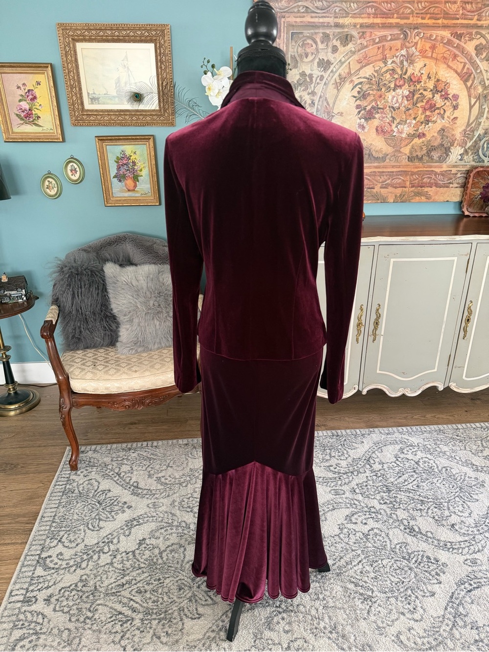Vintage Burgundy Two Piece Velvet Skirt Suit - Picture 3 of 5